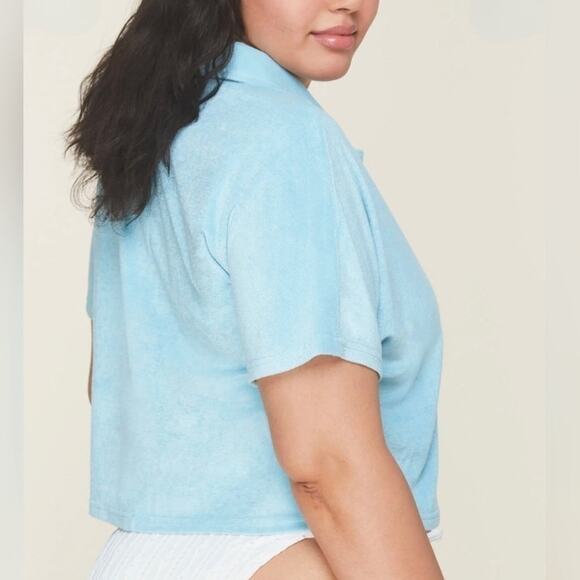 NWT Andie Swim The Cropped Button Up Short Sleeve Shirt Terry Cloth Blue Small - Picture 5 of 9